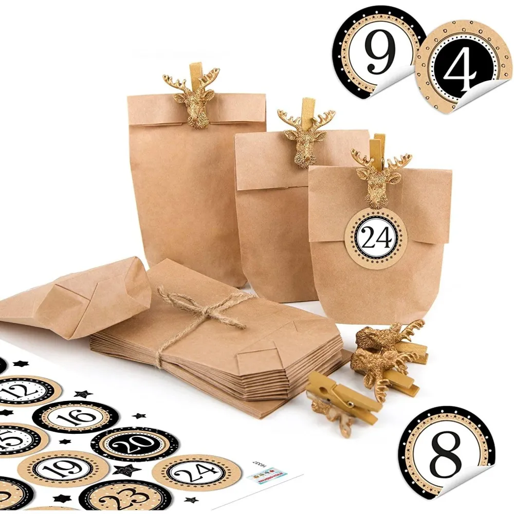 Adventskalender Mini Tüten Kraftpapier 15 x 9 x 3,5 cm + HIRSCH Klammern GOLD + 1 bis 24 runde schwarz weiß STERNE beige A...
