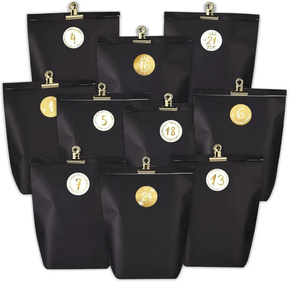 Adventskalender zum Befüllen 24 Papiertüten Schwarz Golden