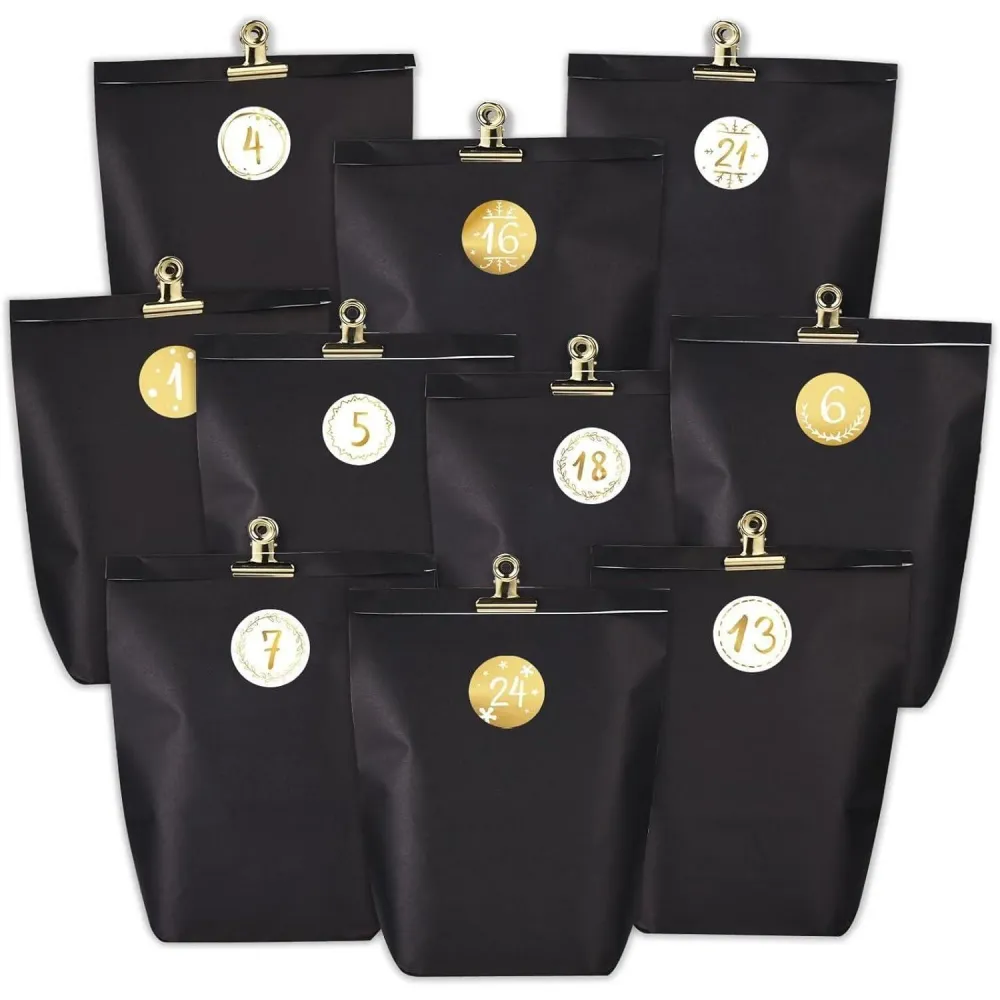 Adventskalender zum Befüllen 24 Papiertüten Schwarz Golden