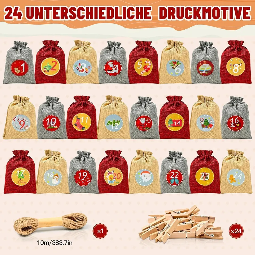 Adventskalender zum Befüllen 24 Stoffbeutel