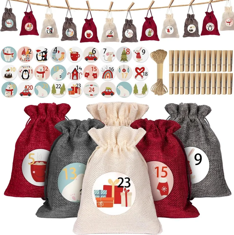 Kiaitre Adventskalender zum Befüllen Stoff 24 Jutesäckchen