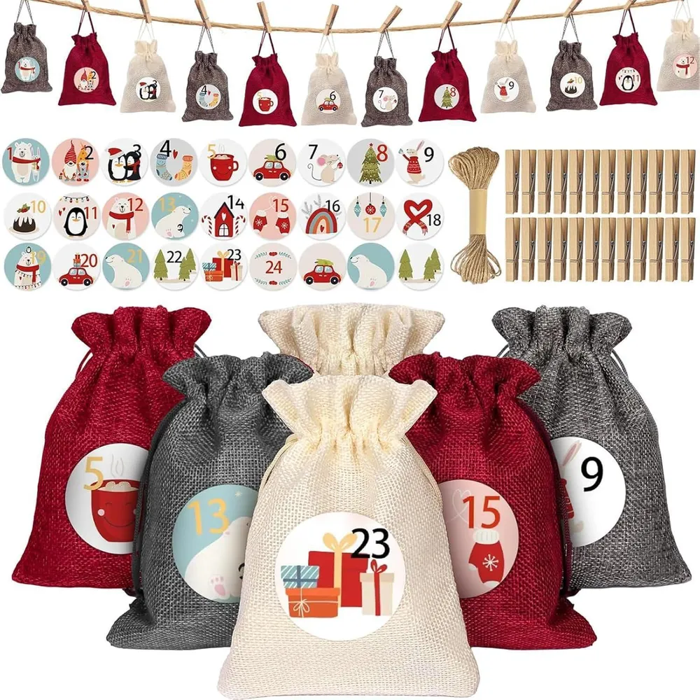 Kiaitre Adventskalender zum Befüllen Stoff 24 Jutesäckchen