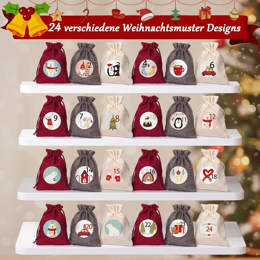 Kiaitre Adventskalender zum Befüllen Stoff 24 Jutesäckchen