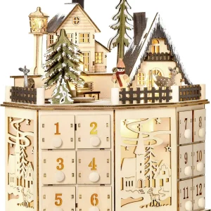 Weihnachts-Adventskalender "Dorfplatz" mit 24 Zugkästen Weihnachtskalender mit LED-Lichtern Adventskalenderbox Sperrholz-P...