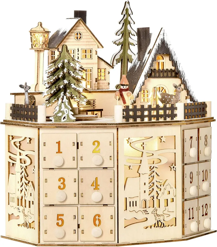 Weihnachts-Adventskalender "Dorfplatz" mit 24 Zugkästen Weihnachtskalender mit LED-Lichtern Adventskalenderbox Sperrholz-P...