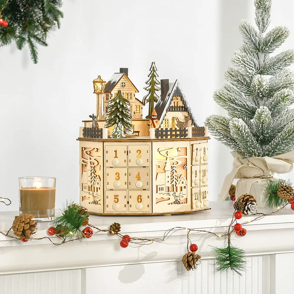 Weihnachts-Adventskalender "Dorfplatz" mit 24 Zugkästen Weihnachtskalender mit LED-Lichtern Adventskalenderbox Sperrholz-P...