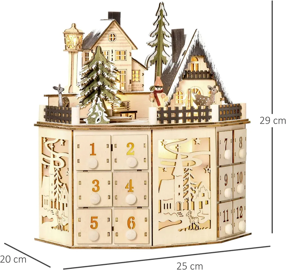 Weihnachts-Adventskalender "Dorfplatz" mit 24 Zugkästen Weihnachtskalender mit LED-Lichtern Adventskalenderbox Sperrholz-P...