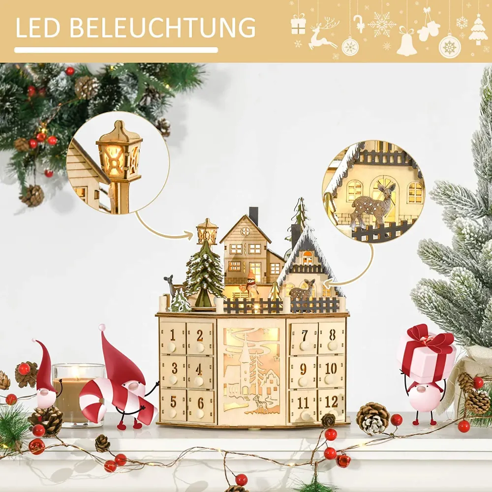 Weihnachts-Adventskalender "Dorfplatz" mit 24 Zugkästen Weihnachtskalender mit LED-Lichtern Adventskalenderbox Sperrholz-P...