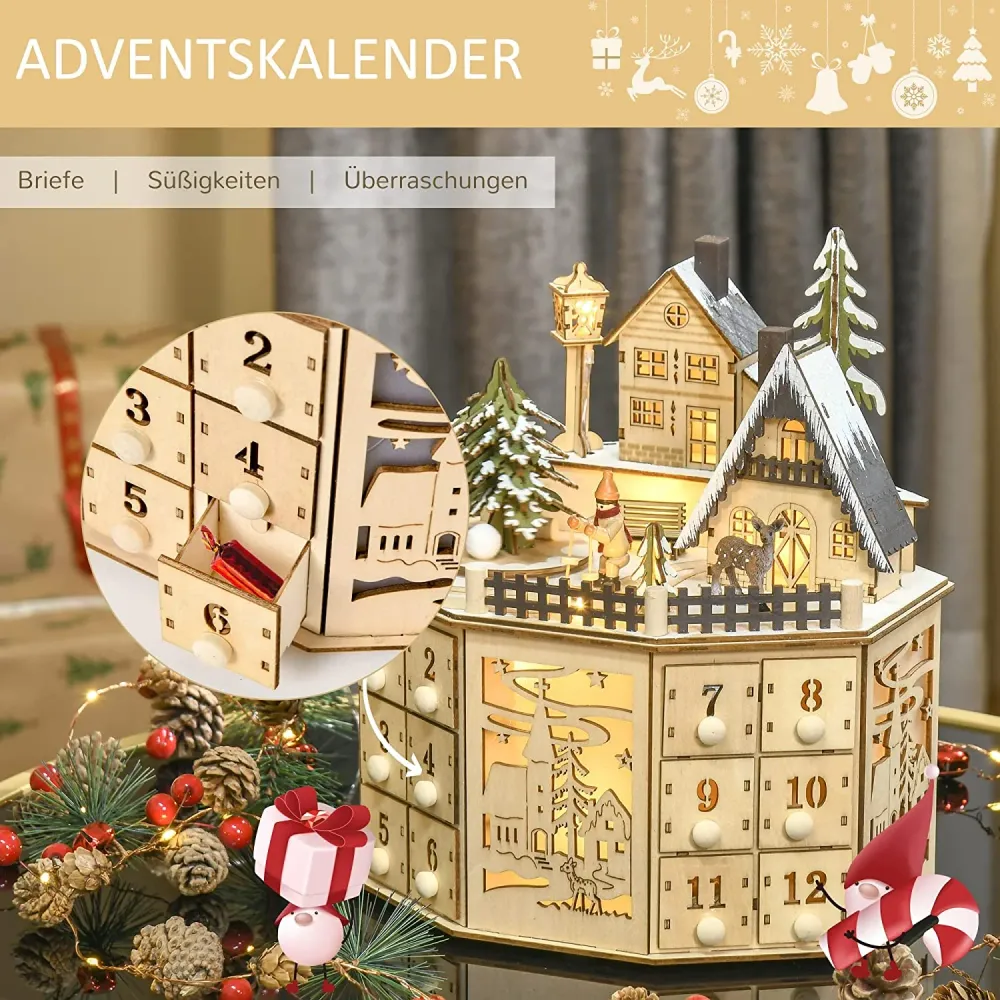 Weihnachts-Adventskalender "Dorfplatz" mit 24 Zugkästen Weihnachtskalender mit LED-Lichtern Adventskalenderbox Sperrholz-P...