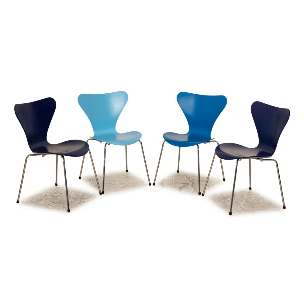 4er Garnitur Fritz Hansen Serie 7 Holz Stuhl Blau Dunkelblau Esszimmer