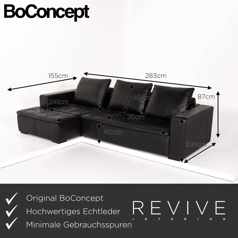 BoConcept Mezzo Leder Sofa Garnitur Schwarz 1x Ecksofa 1x Hocker #13788