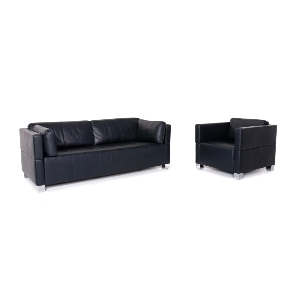 Brühl & Sippold Carrée Leder Sofa Garnitur Dunkelblau Blau 1x Dreisitzer 1x Sessel Couch #14328