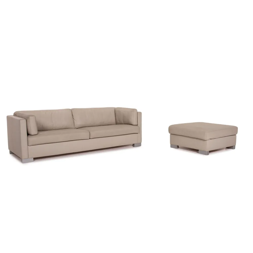 Brühl & Sippold Leder Sofa Garnitur Grau Graubeige 1x Dreisitzer 1x Hocker #13979