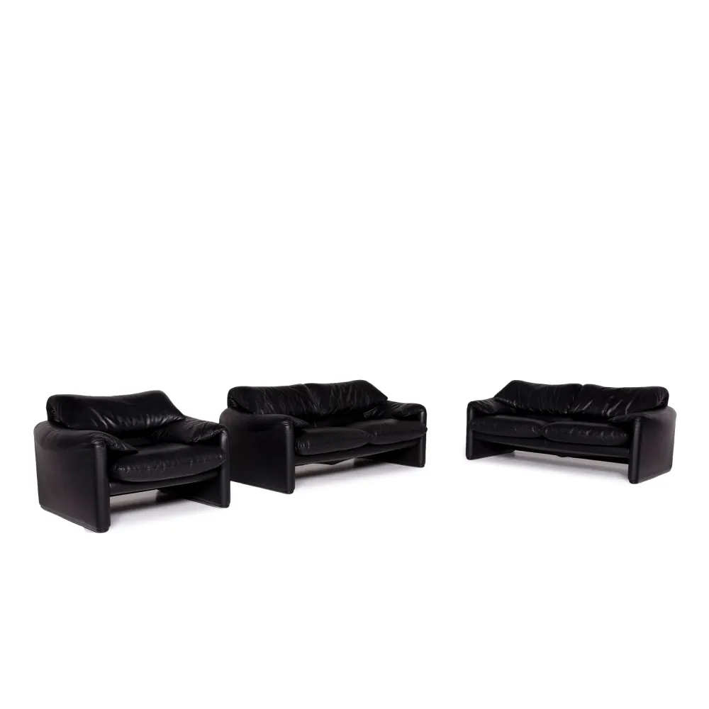 Cassina Maralunga Leder Sofa Garnitur Schwarz 2x Zweisitzer 1x Sessel #11504