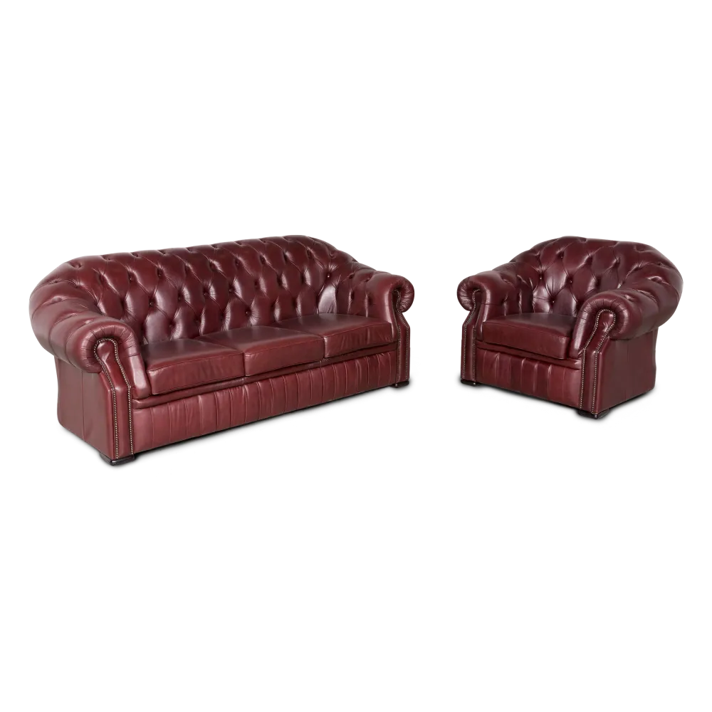 Chesterfield Designer Leder Sofa Sessel Garnitur Rot Echtleder Dreisitzer Couch Vintage Retro #8062