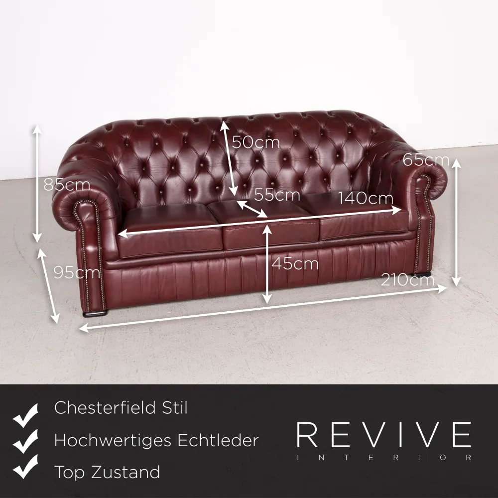 Chesterfield Designer Leder Sofa Sessel Garnitur Rot Echtleder Dreisitzer Couch Vintage Retro #8062
