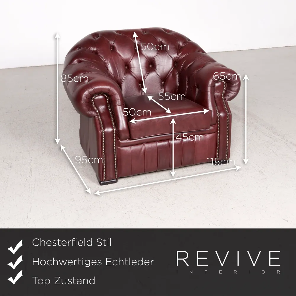 Chesterfield Designer Leder Sofa Sessel Garnitur Rot Echtleder Dreisitzer Couch Vintage Retro #8062