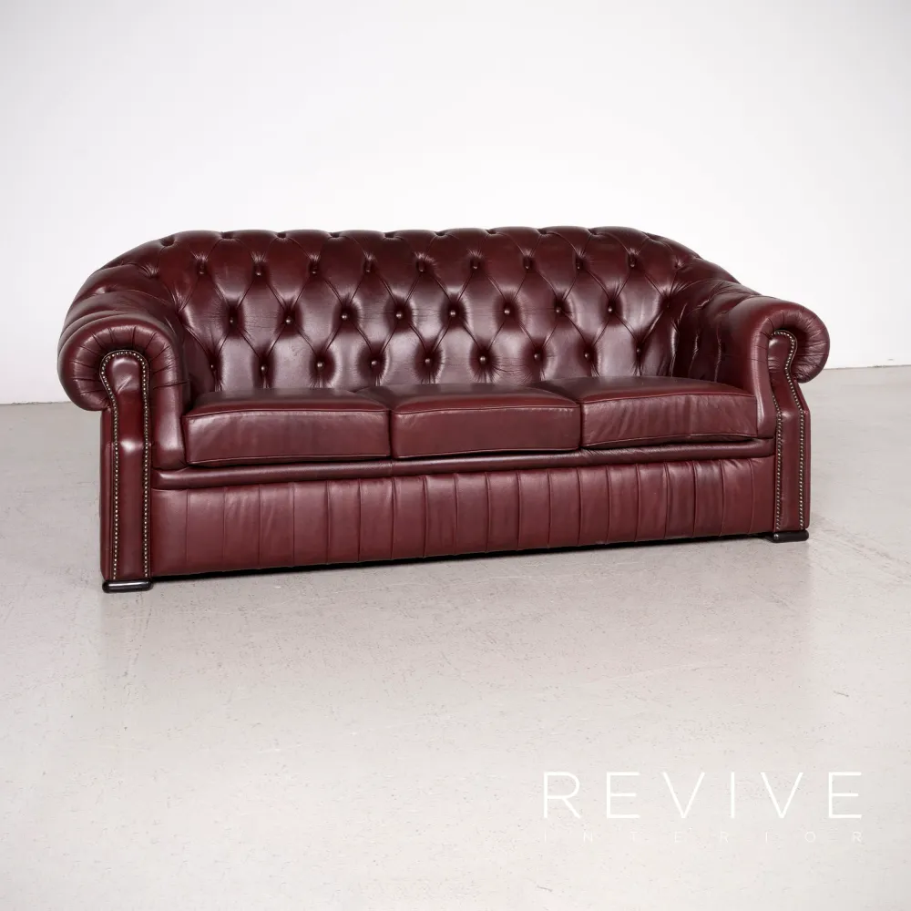Chesterfield Designer Leder Sofa Sessel Garnitur Rot Echtleder Dreisitzer Couch Vintage Retro #8062