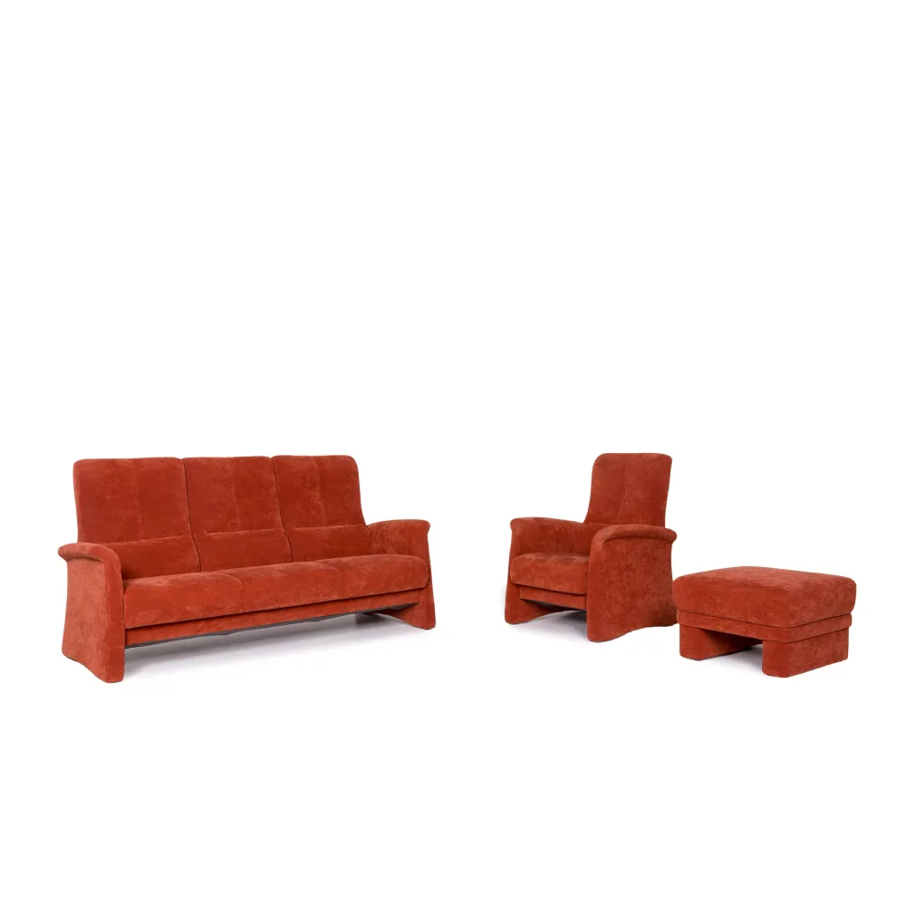 Himolla Stoff Sofa Garnitur Orange Rostrot 1x Dreisitzer 1x Sessel 1x Hocker #11541