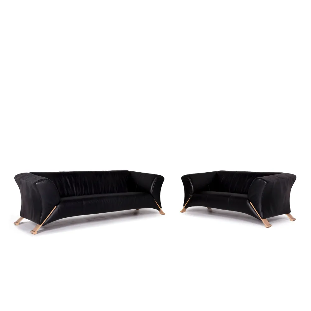 Rolf Benz 322 Leder Sofa Garnitur Schwarz 1x Dreisitzer 1x Zweisitzer #10997