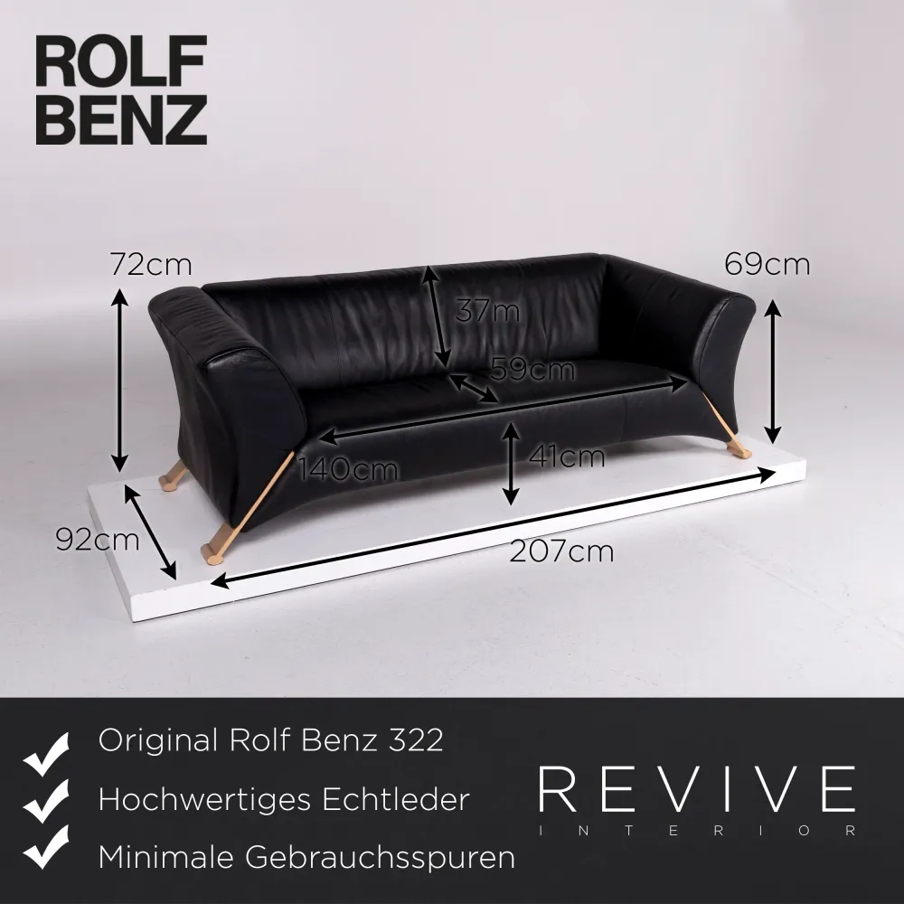 Rolf Benz 322 Leder Sofa Garnitur Schwarz 1x Dreisitzer 1x Zweisitzer #10997