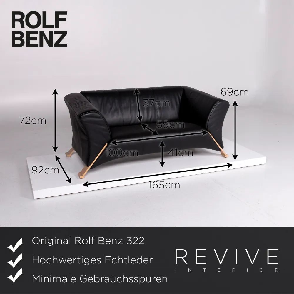 Rolf Benz 322 Leder Sofa Garnitur Schwarz 1x Dreisitzer 1x Zweisitzer #10997