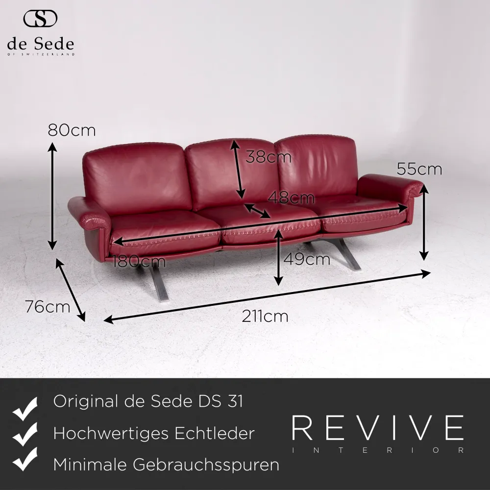 de Sede DS 31 Designer Leder Sofa Garnitur Rot 1x Dreisitzer 2x Sessel 1x Hocker #9594