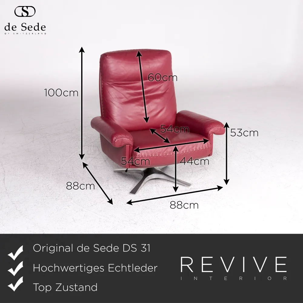 de Sede DS 31 Designer Leder Sofa Garnitur Rot 1x Dreisitzer 2x Sessel 1x Hocker #9594