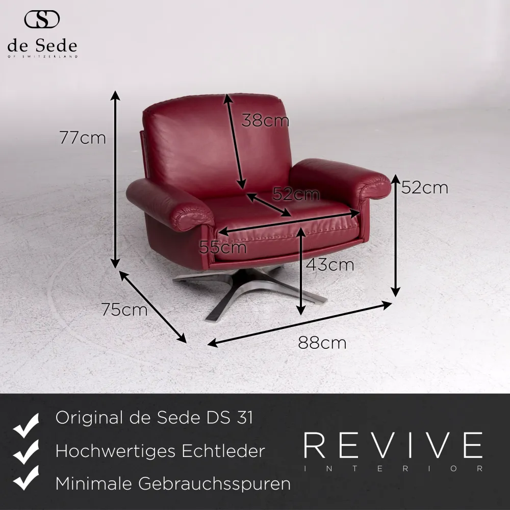 de Sede DS 31 Designer Leder Sofa Garnitur Rot 1x Dreisitzer 2x Sessel 1x Hocker #9594