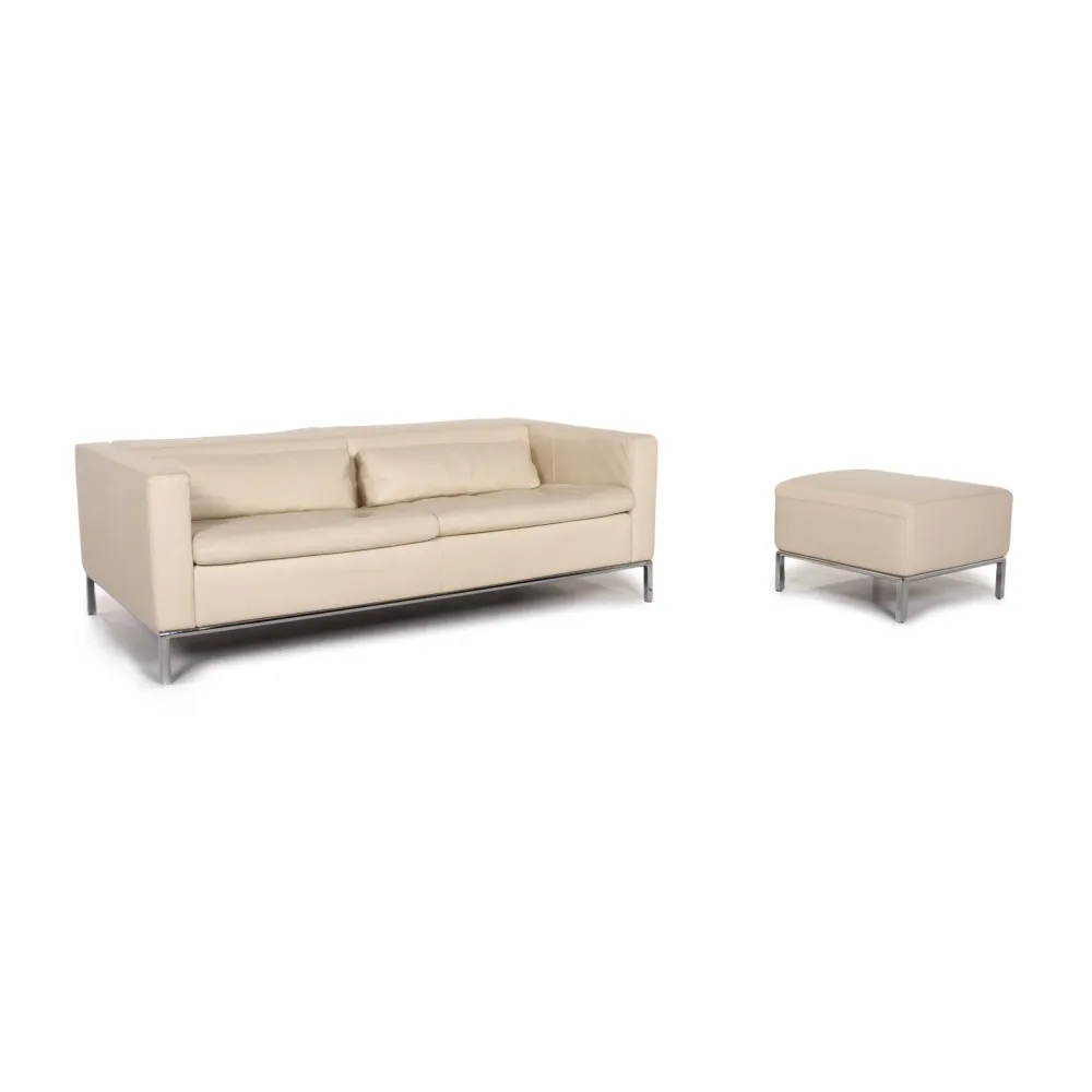 Who's Perfect Leder Sofa Garnitur Creme 1x Zweisitzer 1x Hocker #15118