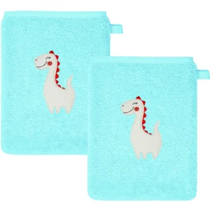 2er Set Baby Waschhandschuhe bestickt mit Dinosaurier - Blau 15x21 cm