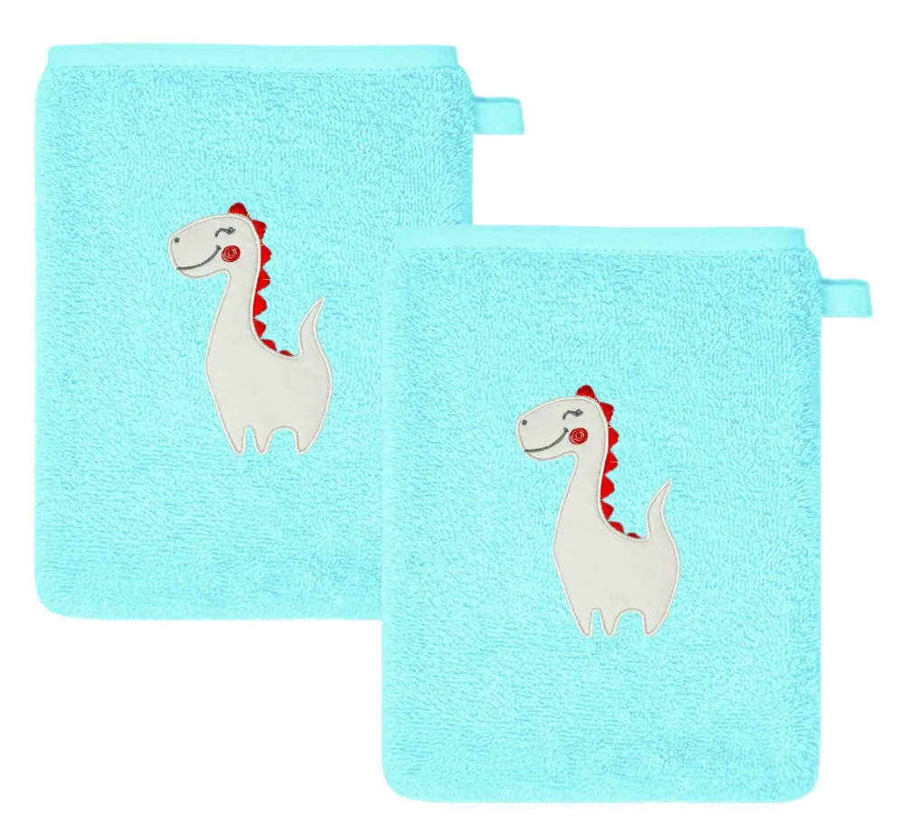 2er Set Baby Waschhandschuhe bestickt mit Dinosaurier - Blau 15x21 cm