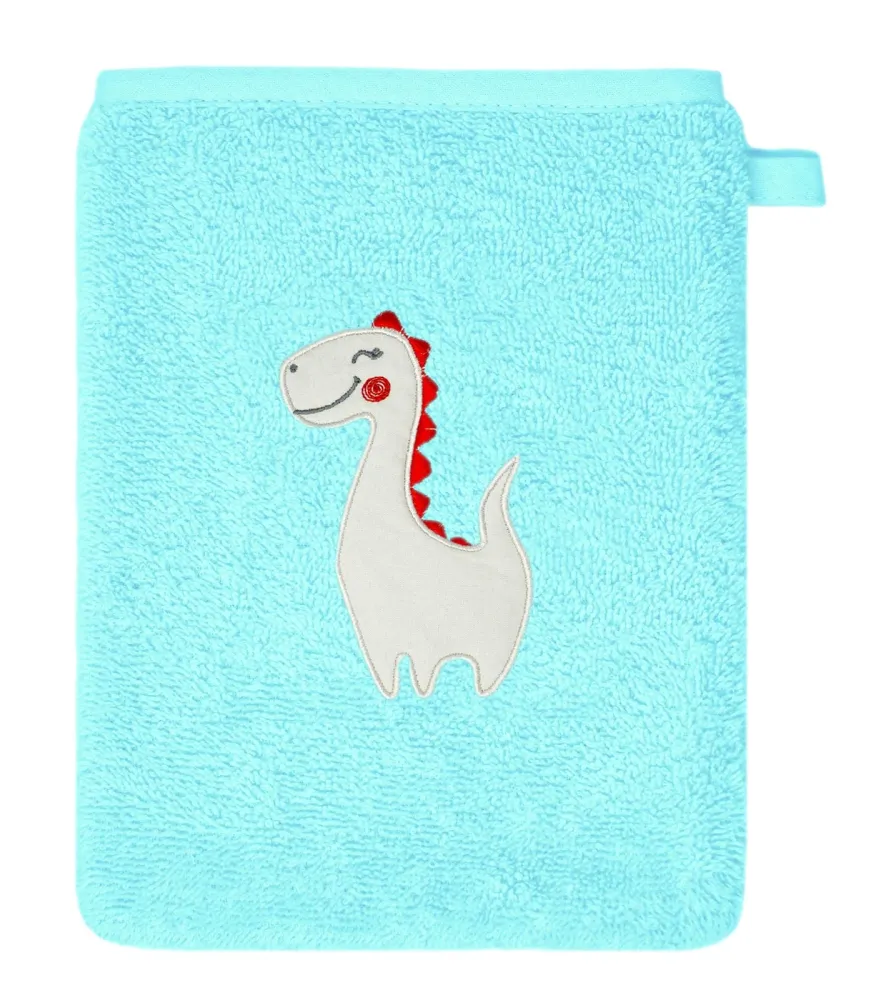2er Set Baby Waschhandschuhe bestickt mit Dinosaurier - Blau 15x21 cm