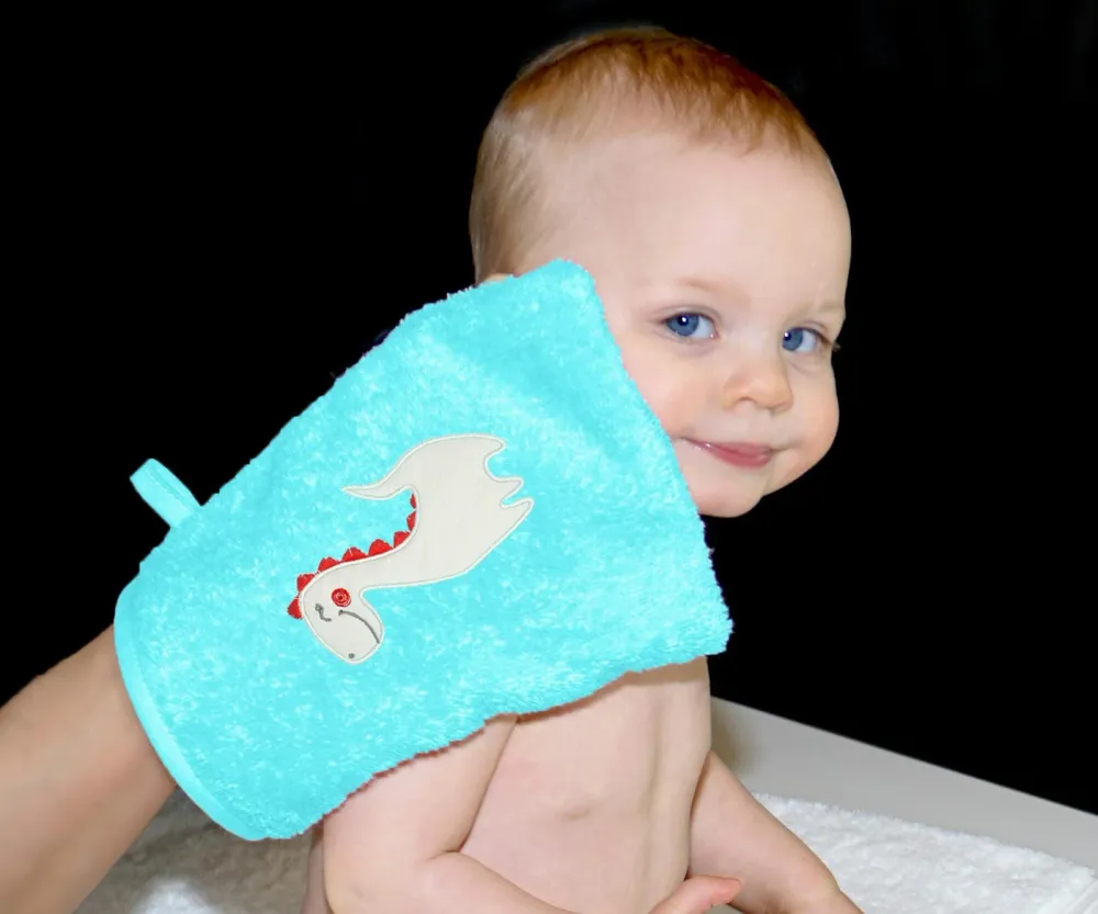 2er Set Baby Waschhandschuhe bestickt mit Dinosaurier - Blau 15x21 cm