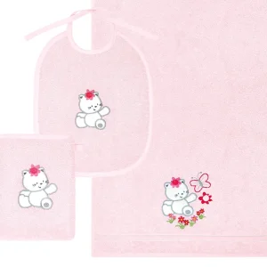 3er Set Baby Geschenkset für Mädchen und Jungen bestickt mit Katze - Rosa