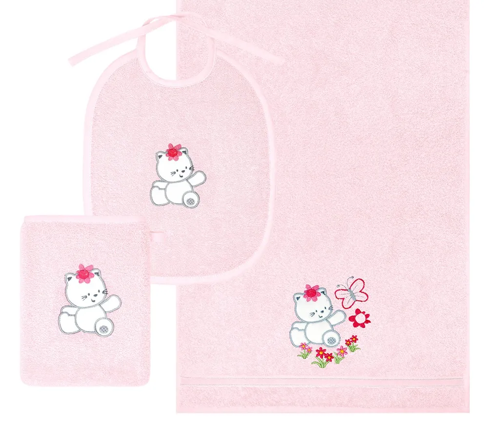 3er Set Baby Geschenkset für Mädchen und Jungen bestickt mit Katze - Rosa