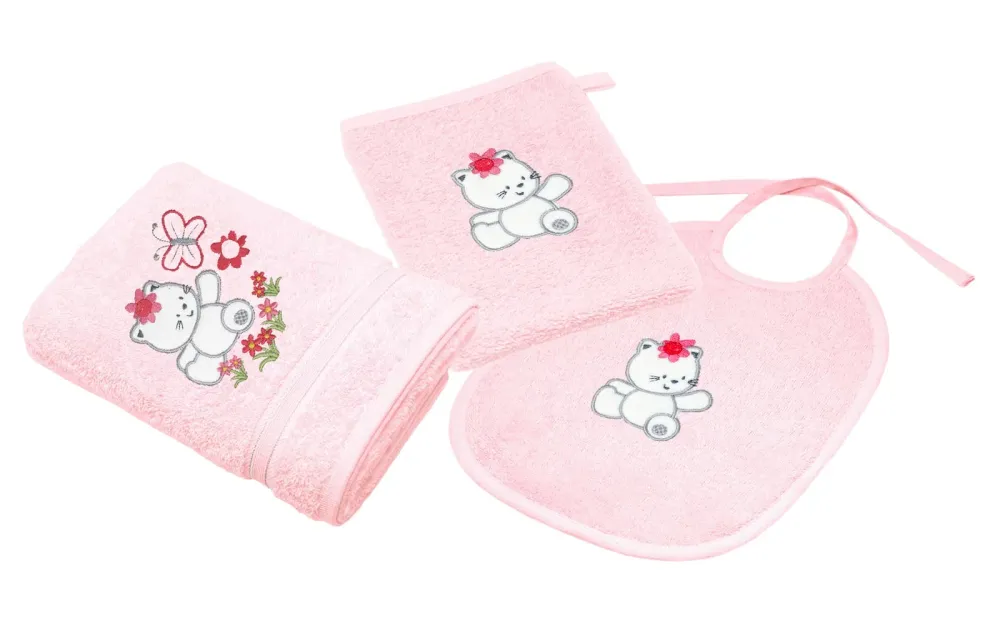 3er Set Baby Geschenkset für Mädchen und Jungen bestickt mit Katze - Rosa