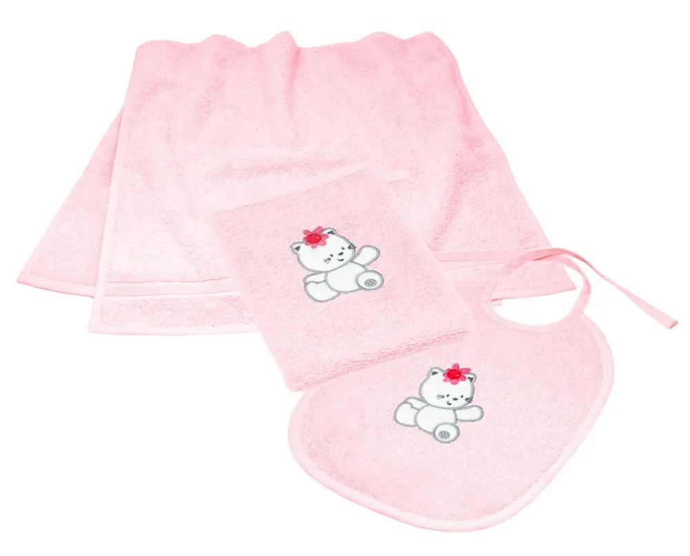 3er Set Baby Geschenkset für Mädchen und Jungen bestickt mit Katze - Rosa