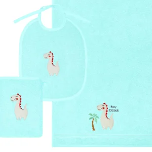 3er Set Baby Geschenkset für Mädchen und Jungen bestickt mit Dinosaurier - Blau