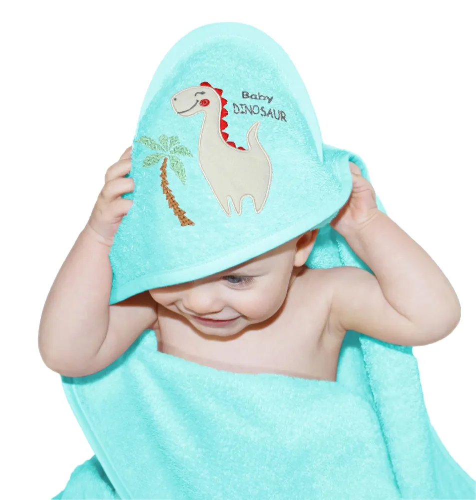 Baby Kapuzenhandtuch bestickt mit Dinosaurier - Blau 75x75 cm
