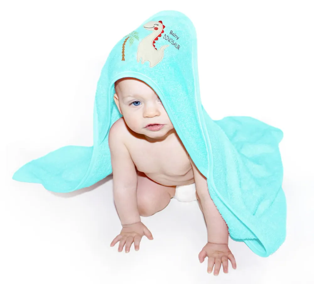 Baby Kapuzenhandtuch bestickt mit Dinosaurier - Blau 75x75 cm