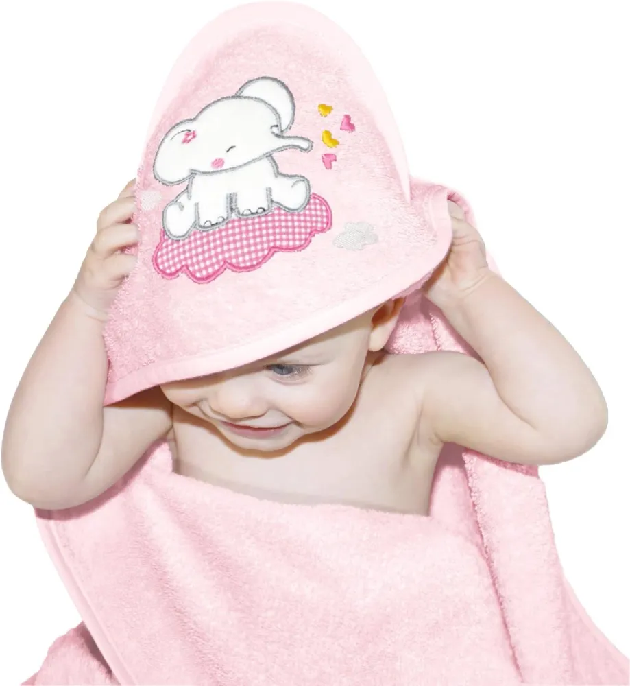 Baby Kapuzenhandtuch bestickt mit Elefant und Wunschnamen Rosa 75x75 cm