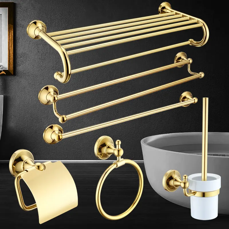 Goldenes Badezimmer-Accessoire-Set: Handtuchhalter, Taschentuchhalter, galvanisierter Edelstahl, Gold