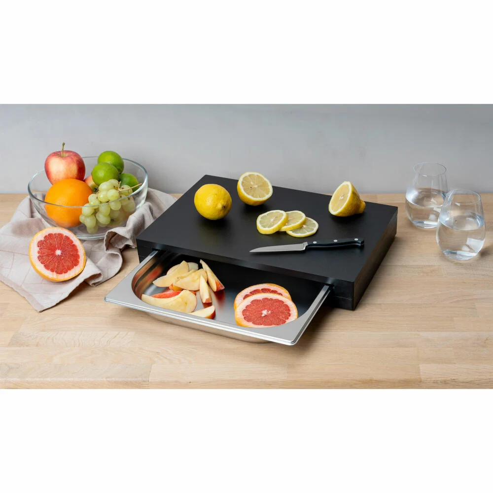 Continenta Schneidebrett mit Schublade, Küchenbrett, Servierbrett, Auffangschale, Duracore, Schwarz, 39 x 27 x 5 cm, 5326