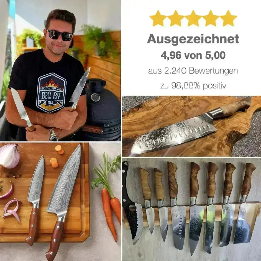 Damast Messer 5er Geschenkset Bergahorn im Akazien Messerblock mit Schere