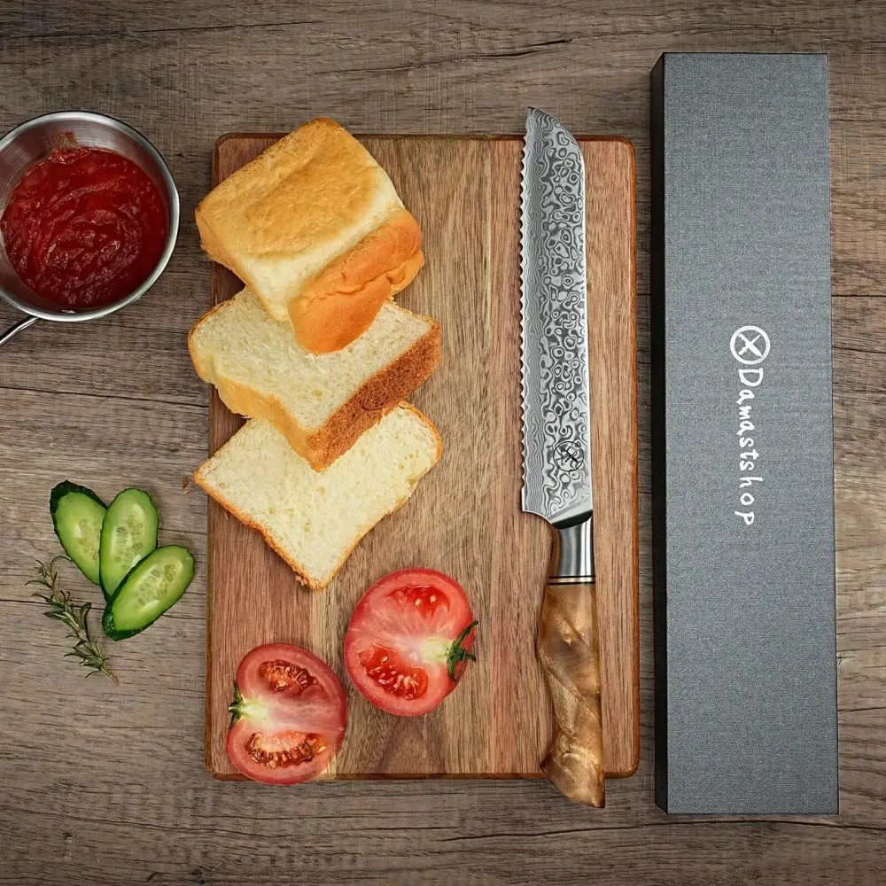Damast Messer 5er Geschenkset Bergahorn im Akazien Messerblock mit Schere