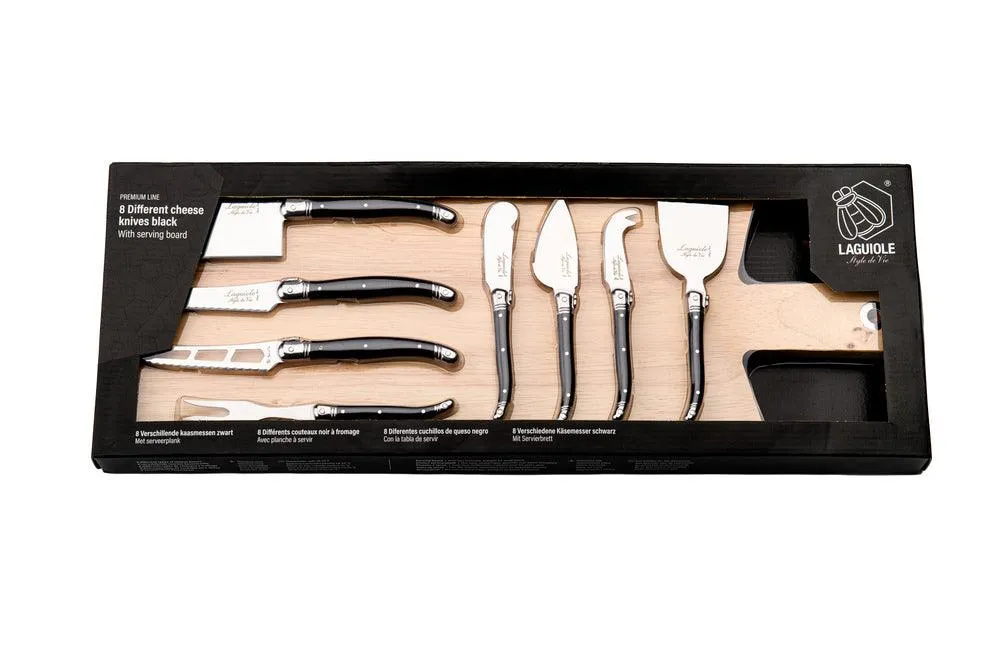 Laguiole Style de Vie 8 Käsemesser Schwarz mit Servierbrett aus Holz 'Premium Line'