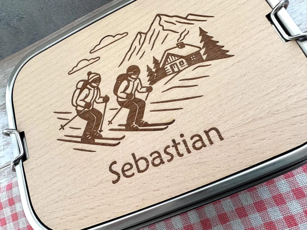 Personalisierte Brotdose Edelstahl, mit Namen, Outdoor & Skifahren, wasserdicht mit Trennsteg und Schneidebrett - Skifahrer