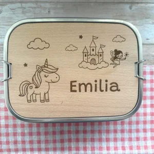 Personalisierte Brotdose Edelstahl, mit Namen,Einhorn, Schloss und Fee, wasserdicht mit Trennsteg & Schneidebrett, Geschen...