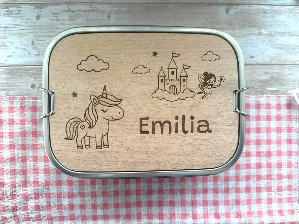 Personalisierte Brotdose Edelstahl, mit Namen,Einhorn, Schloss und Fee, wasserdicht mit Trennsteg & Schneidebrett, Geschen...